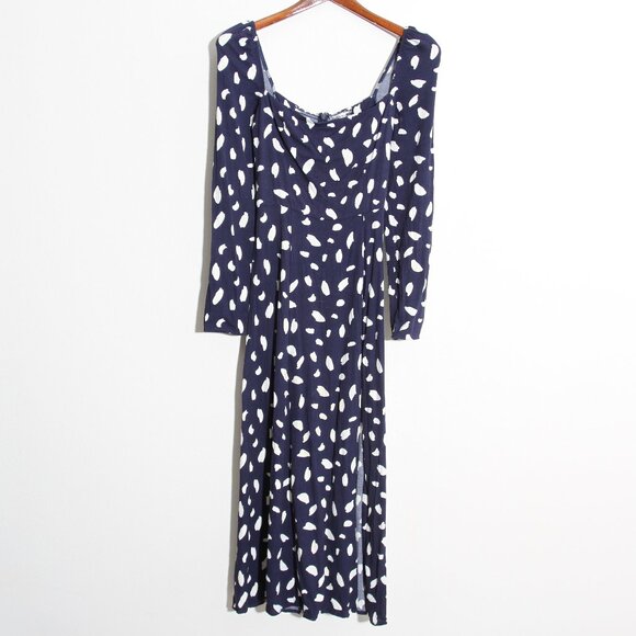 Reformation Sigmund Midi Dress Splatter Speckled Slit Navy Blue Long Sleeves 4 - Picture 2 of 16